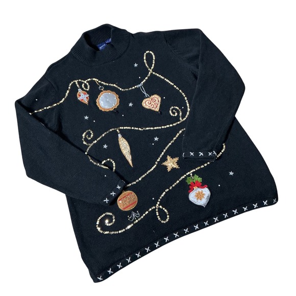 Basic Editions Sweaters - Basic Editions Holiday Ornament Sweater Women XL Black Sequin Festive Knit Top
